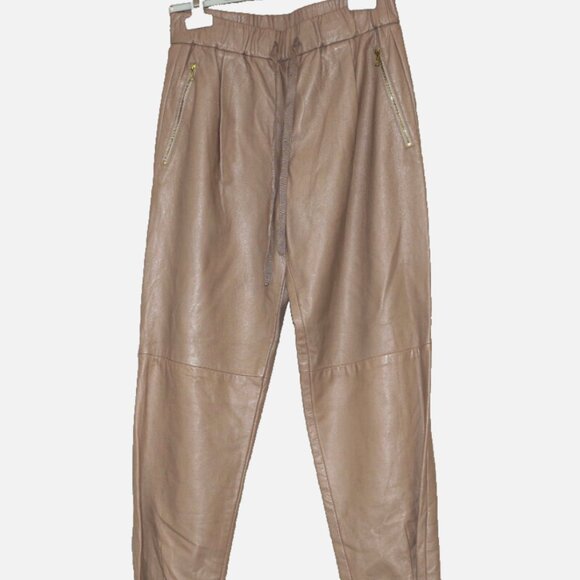 Rebecca Taylor Taupe Beige  leather pants elastic waist hem zip Jogger Size: 2 - Picture 3 of 17